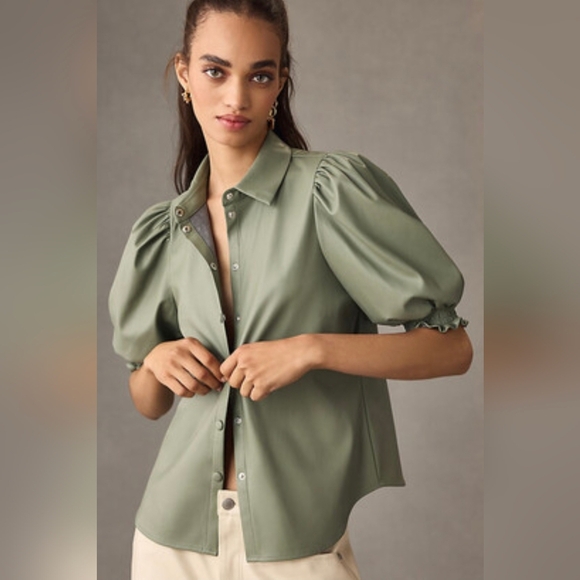DOLAN Left Coast,  Puff-Sleeve Faux Leather Blouse, Moss, Size XS - Picture 1 of 11